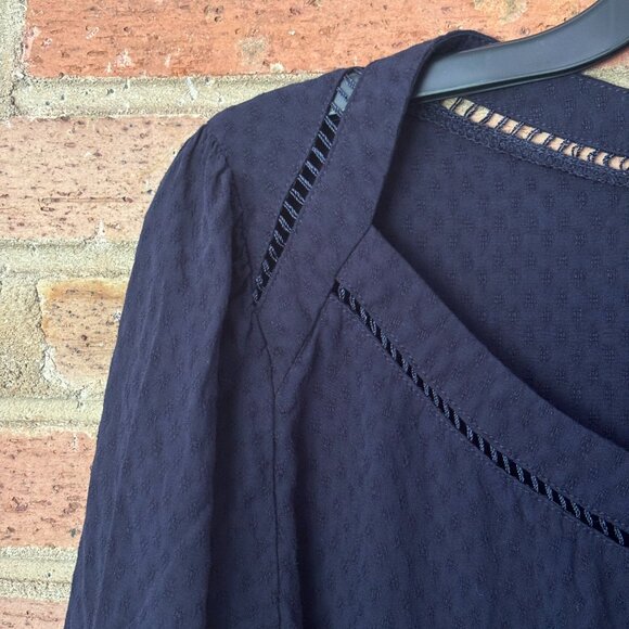 LOFT Blouse Large Navy Blue Jacquard Cutout Top Rayon L Causal - Picture 4 of 5